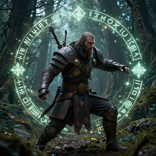 Digital fantasy artwork: muscular bearded man in medieval armor, casting magic circle with glowing runes in a dark, misty forest.