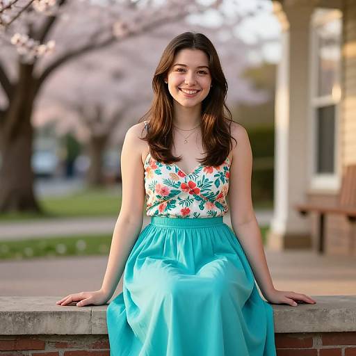 Photograph of a smiling young woman with long brown hair, wearing a floral strapless top and turquoise skirt, sitting on a brick wall in a sun