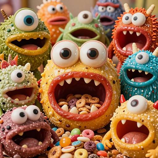 Colorful, cartoonish, textured monster dolls with wide eyes and open mouths filled with cereal pieces, in a vivid, close-up photograph.