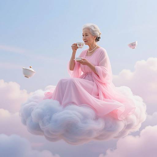 Elegant elderly woman in pink dress and pearl necklace, sipping tea from a cup, floating on a fluffy cloud against a bright blue sky. Digital