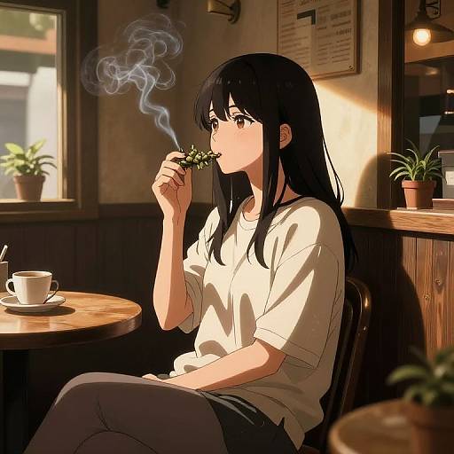 Digital anime-style drawing of a black-haired girl smoking a small plant in a sunlit café, wearing a white shirt and gray pants.