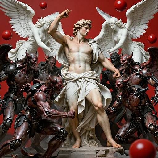 Digital artwork of a muscular, winged, nude, white marble statue with a pointed finger, surrounded by dark, robotic, humanoid figures against a red