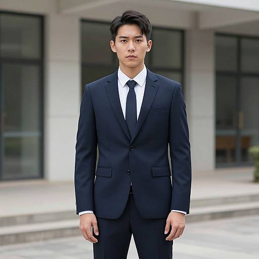 Photograph of a serious young Asian man in a black suit, white shirt, and black tie, standing outdoors in front of a modern building with large