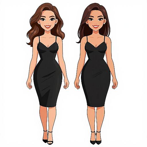 Digital illustration of two smiling women with long brown hair, wearing black form-fitting dresses and black heels, standing side by side against a white background.