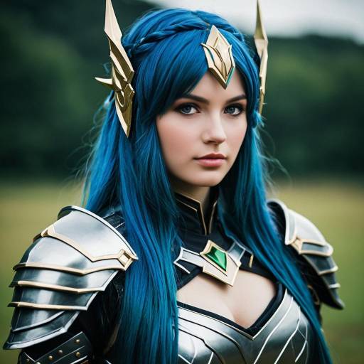 Cosplay Warrior with Blue Hair in Armor