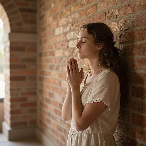 Photograph of a young woman with curly brown hair, closed eyes, and raised hands in prayer, standing against a brick wall. She wears a white