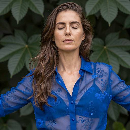 Calm Woman in Sheer Blue Floral Shirt