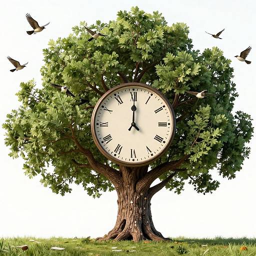 Photorealistic digital art of a clock embedded in a lush green tree, with birds flying around, set against a white background.
