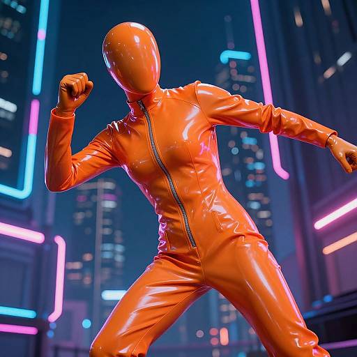 Photograph of a faceless, muscular figure in a shiny, orange latex suit, striking a powerful pose in a neon-lit, futuristic cityscape
