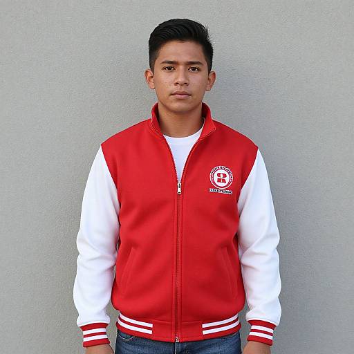 Photograph of a young Hispanic man with short black hair, wearing a red and white varsity jacket, white shirt, and blue jeans, standing against