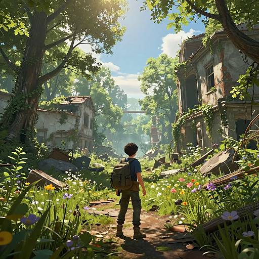 Digital anime-style artwork: A boy with a backpack stands in a sunlit, overgrown, abandoned building garden, surrounded by colorful wildflowers and tall