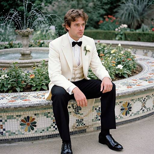 Photograph of a young man with wavy brown hair, wearing a white tuxedo, black bow tie, and black pants, sitting on a