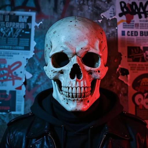 Photograph of a white skull with black spots, illuminated by red and blue lights, wearing a black leather jacket, set against a graffiti-covered wall with