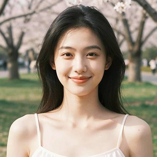 Photograph of an Asian woman with long black hair, light skin, and a gentle smile, wearing a white spaghetti-strap top, standing in a