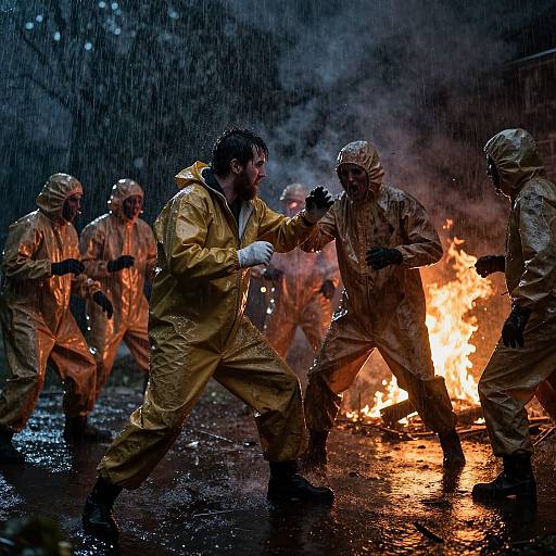 Photograph of six emergency responders in yellow rain suits, fighting a fire in the rain, intense flames and smoke in the background.