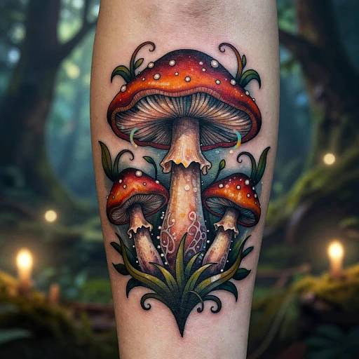 Vibrant tattoo of three red-spotted mushrooms with green leafy tendrils on a forearm, set against a blurred forest background with glowing lights.
