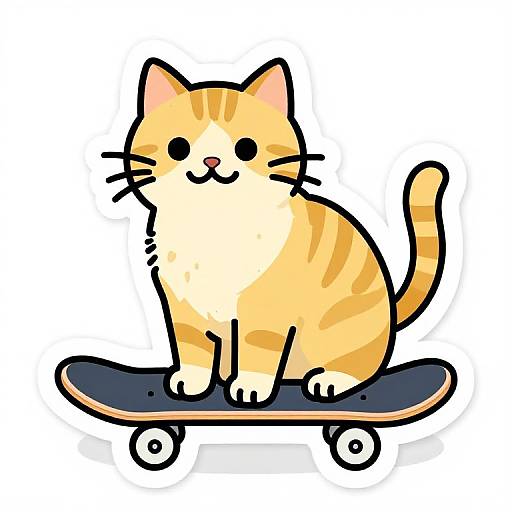 Cute, cartoon-style, orange tabby cat with black stripes, sitting on a skateboard, smiling with black eyes, outlined in bold lines. Digital