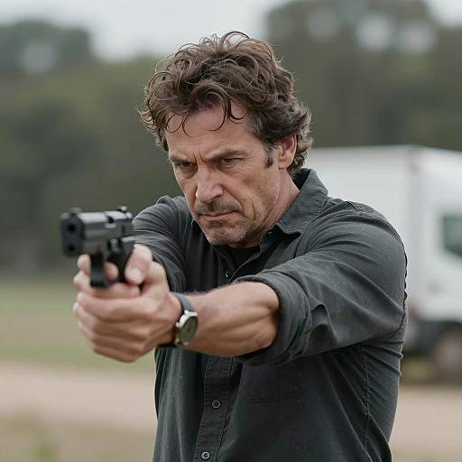 Middle-aged man aiming handgun outdoors