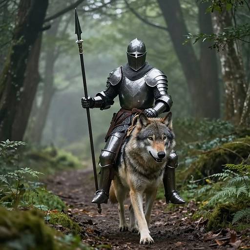 Photograph of a knight in shiny armor on a forest path, leading a large, fierce wolf with piercing eyes, holding a spear. Dense, mist
