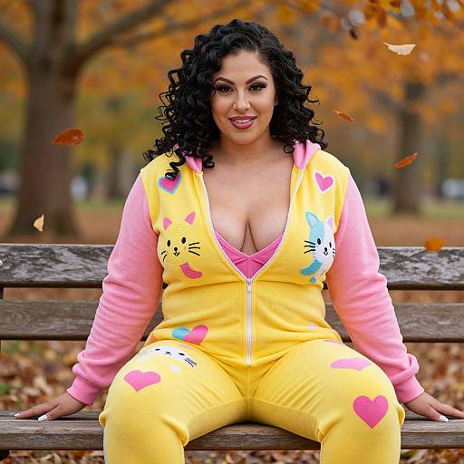 Photograph of a curvy, smiling woman with curly black hair, wearing a yellow cat-themed zip-up onesie with pink sleeves, sitting on a