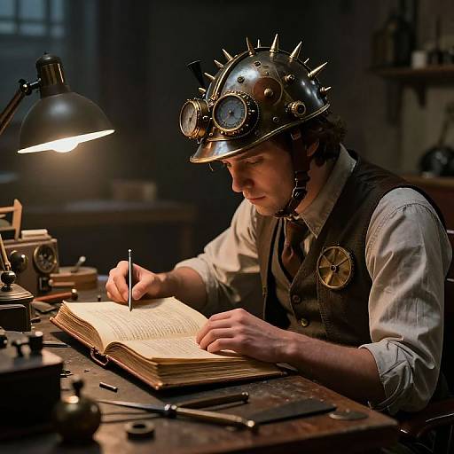 Photograph of a man in steampunk gear, wearing a spiked metal helmet, writing in an open book under a black lamp. Dimly lit
