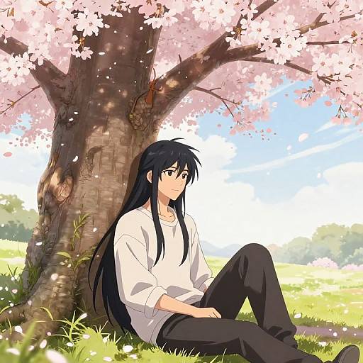Anime-style digital drawing of a long-haired, black-haired person with pale skin, wearing a white shirt and black pants, sitting under a blooming cherry
