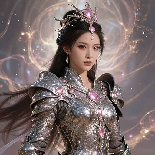 Digital artwork of an East Asian woman with long black hair, wearing ornate silver armor adorned with pink gemstones, and a jeweled crown, set