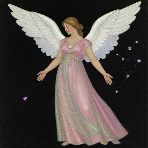 Digital illustration of a serene angel with white wings, pink gown, and brown hair, floating against a black background with glowing star constellations.