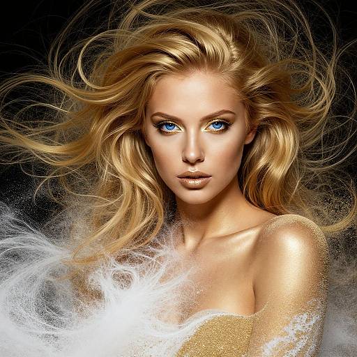 Digital portrait of a stunning blonde woman with blue eyes, flowing golden hair, and ethereal white mist, set against a dark background.