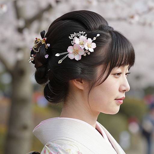 Photograph of a Japanese woman in profile, wearing a white kimono, with black hair styled in an elegant updo adorned with pink cherry blossom hair