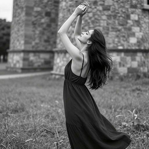 Woman in Black Dress in Grassy Field