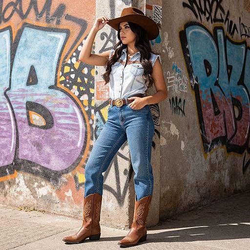 Photograph of a Latina woman with long dark hair, wearing a brown cowboy hat, white shirt, blue jeans, and brown boots, leaning against a