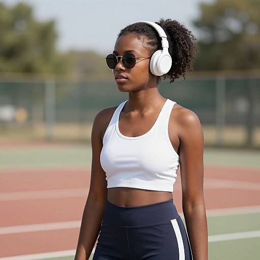Photograph of a Black woman with dark skin, curly hair in a ponytail, wearing white headphones, sunglasses, white sports bra, and black high