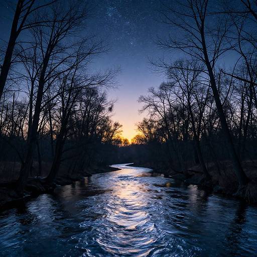 Photograph of a serene, reflective river at twilight, flanked by silhouetted, leafless trees, with a bright, orange-yellow sunset