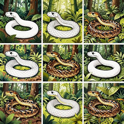 Comic-style illustration of a white and brown snake in a lush forest, comparing its solid white and detailed brown patterns.