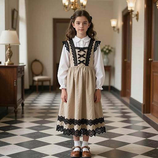 Young Girl in Anne Frank Costume in Vintage Hallway