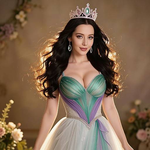 Digital illustration of a beautiful, fair-skinned woman with long black hair, wearing a sparkling silver tiara, green and purple corset gown, and