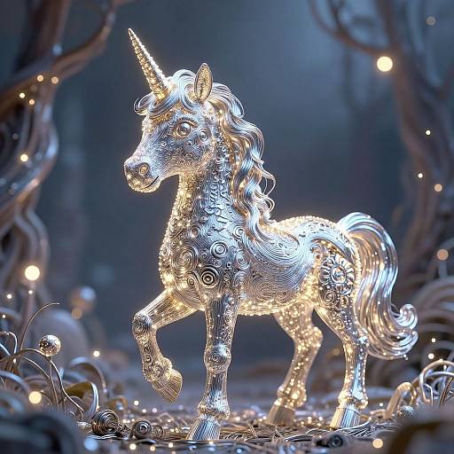 Photograph of a glowing, silver unicorn sculpture with intricate swirl patterns, standing in a magical forest with twinkling lights and twisted branches.