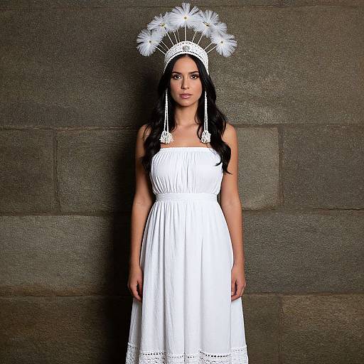 Photograph of a young woman with long black hair, wearing a white strapless dress and white feathered headdress, standing against a dark stone wall