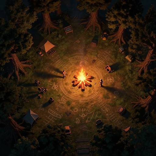 Top-down photograph of a nighttime campfire surrounded by tents, trees, and glowing symbols, with people seated in a circle.