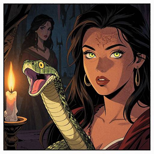 Comic-style illustration of a woman with green eyes, dark hair, and hoop earrings, holding a snake with its mouth open, lit by a candle,