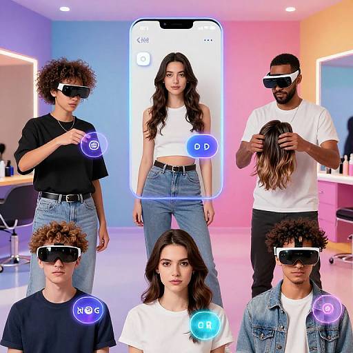 Photorealistic digital image of four people, two women and two men, wearing VR headsets in a modern salon with pink and blue lighting. They