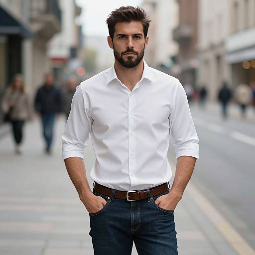 Photograph of a handsome bearded man with short brown hair, wearing a white button-up shirt and blue jeans, standing confidently on a city street with