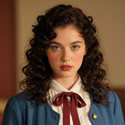 Photograph of a young woman with curly dark hair, blue eyes, and fair skin, wearing a blue cardigan, white blouse with red ribbon,
