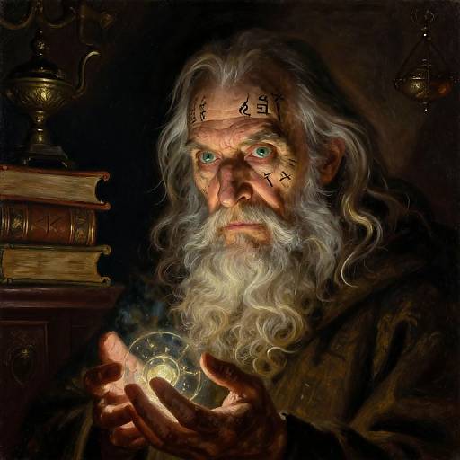Digital painting of an aged wizard with white hair and beard, blue eyes, holding a glowing orb, with runes on his forehead. Dark background, books
