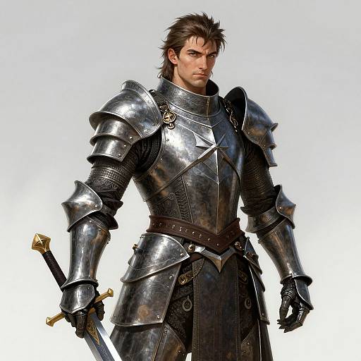 CGI image of a handsome, dark-haired man in polished silver medieval armor, holding a sword, standing against a white background.