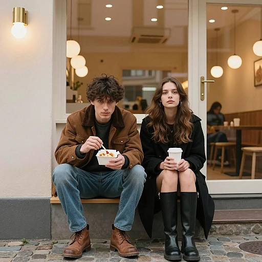 Couple Dining Outside a Bright Restaurant