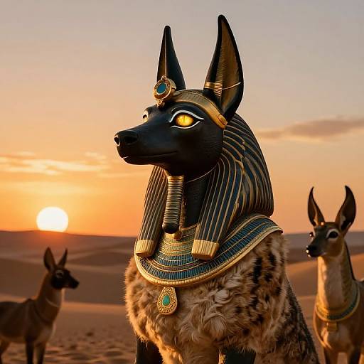 Photograph of an Anubis-like black jackal with golden eyes, Egyptian headgear, and necklace, standing in a desert at sunset with two
