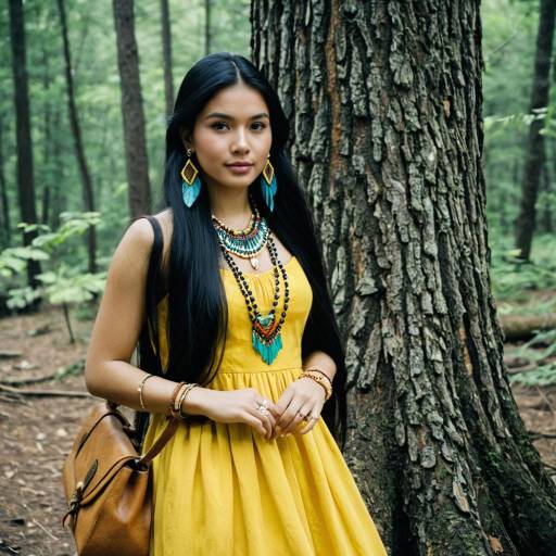 Young Woman in Yellow Dress Wearing Tribal Jewelry in Forest