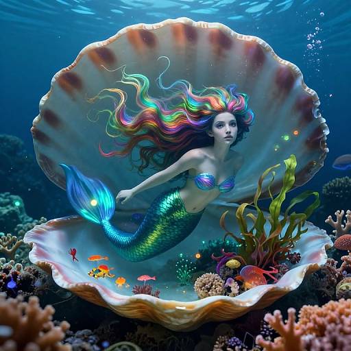 Surreal Mermaid Realm Through Seashell